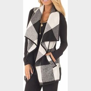 Black & White Plaid Draped Open-Front Women's Sweater Vest